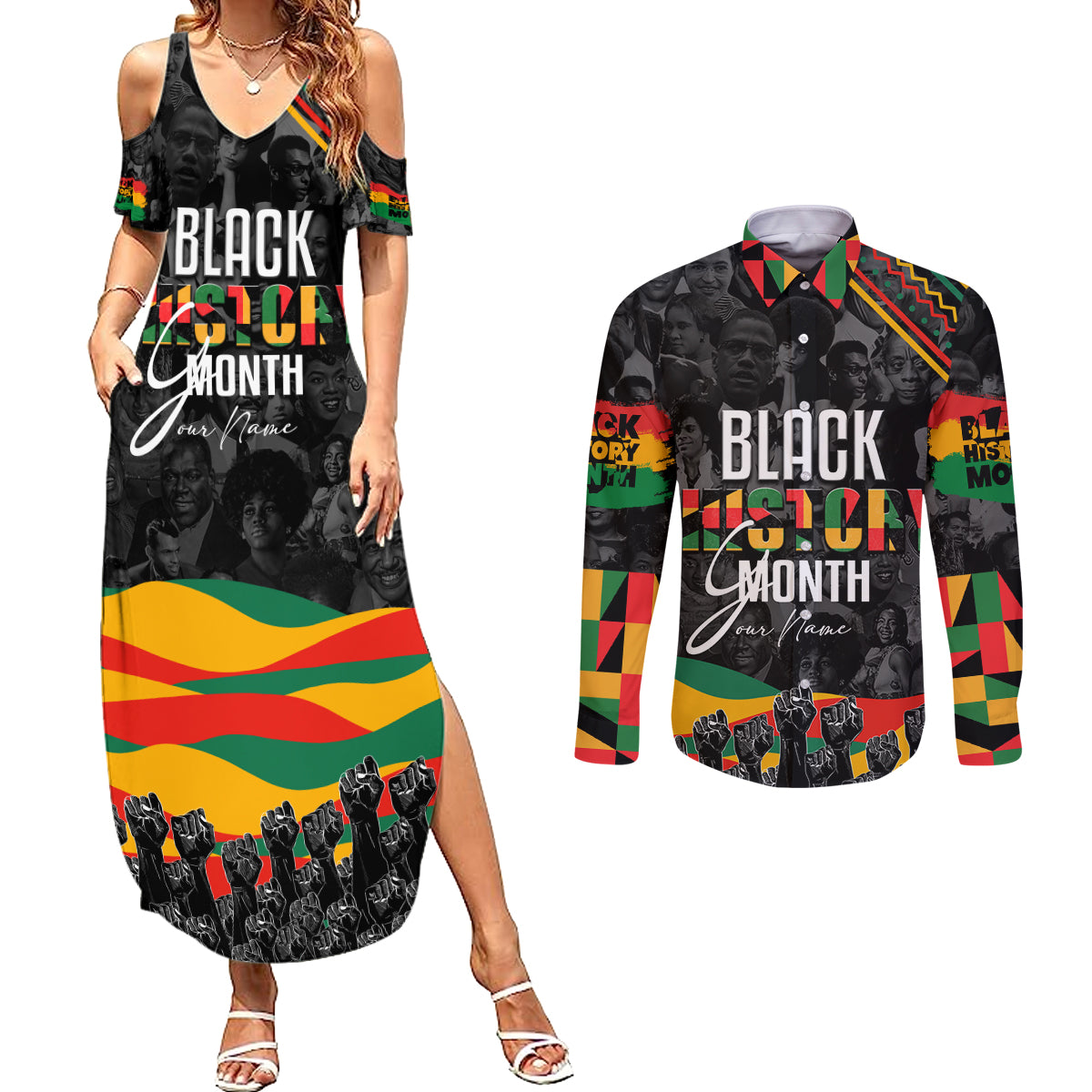 Personalized Black History Month Couples Matching Summer Maxi Dress and Long Sleeve Button Shirt - Wonder Print Shop