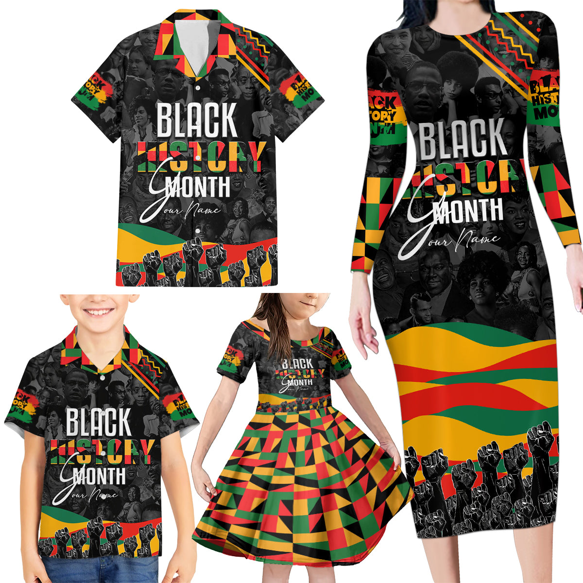 Personalized Black History Month Family Matching Long Sleeve Bodycon Dress and Hawaiian Shirt - Wonder Print Shop