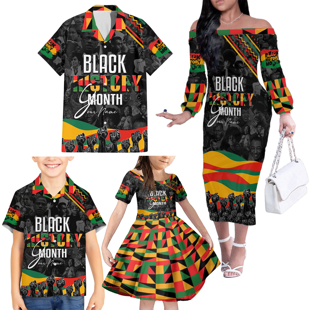 Personalized Black History Month Family Matching Off Shoulder Long Sleeve Dress and Hawaiian Shirt - Wonder Print Shop