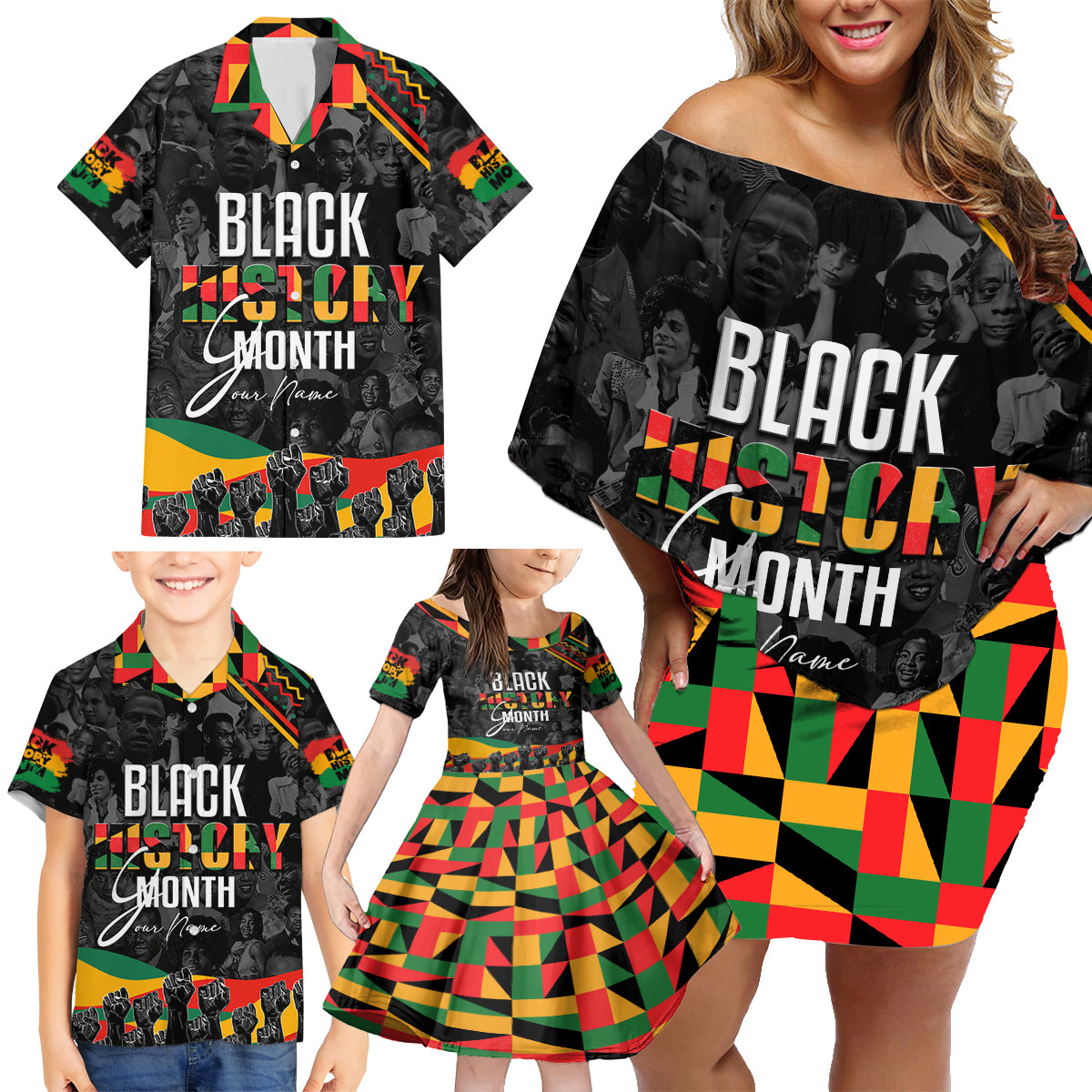 Personalized Black History Month Family Matching Off Shoulder Short Dress and Hawaiian Shirt - Wonder Print Shop