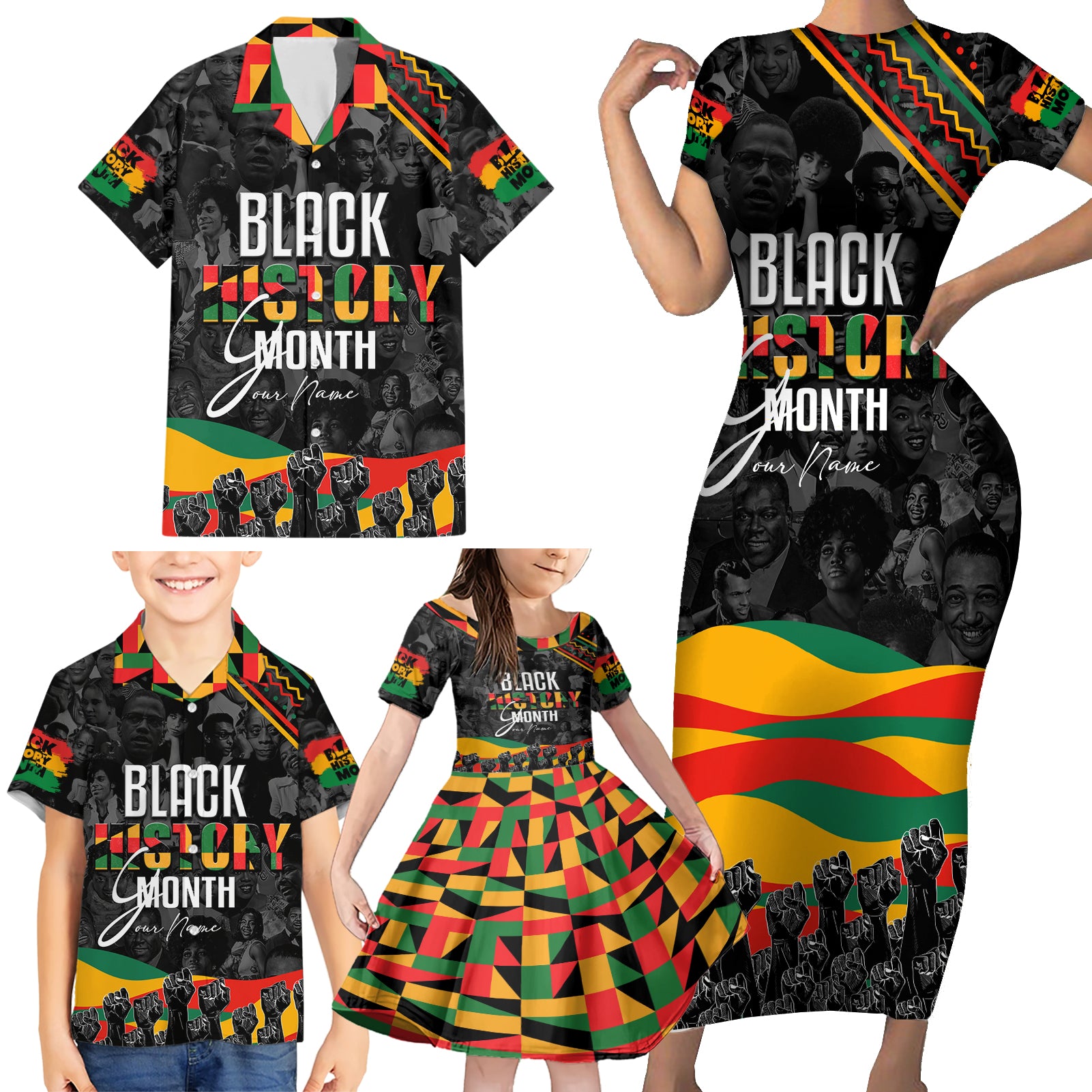 Personalized Black History Month Family Matching Short Sleeve Bodycon Dress and Hawaiian Shirt - Wonder Print Shop