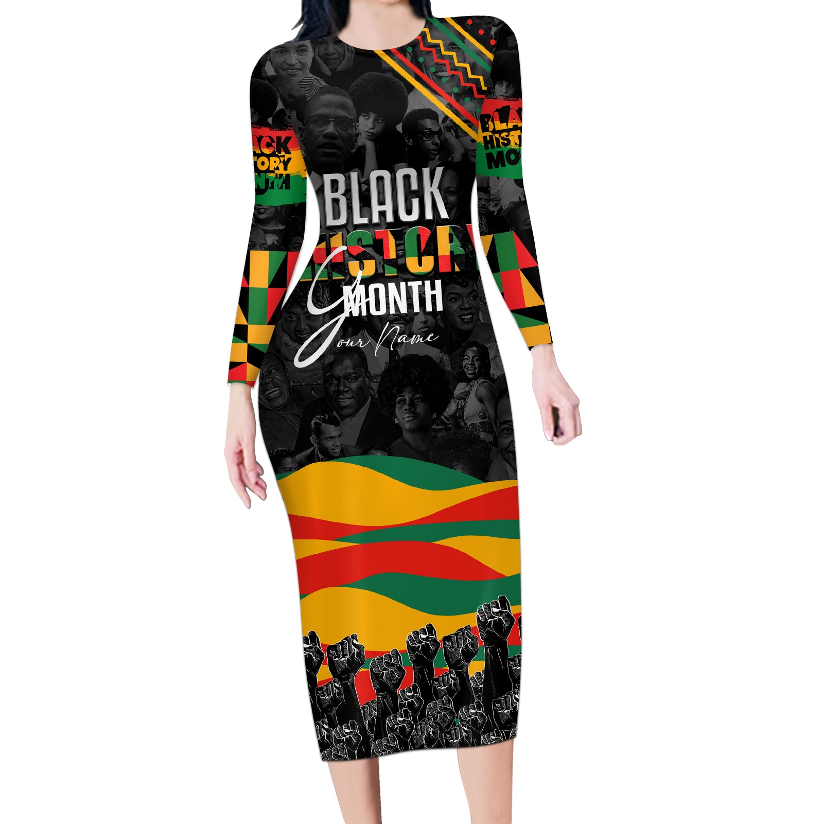 Personalized Black History Month Long Sleeve Bodycon Dress - Wonder Print Shop