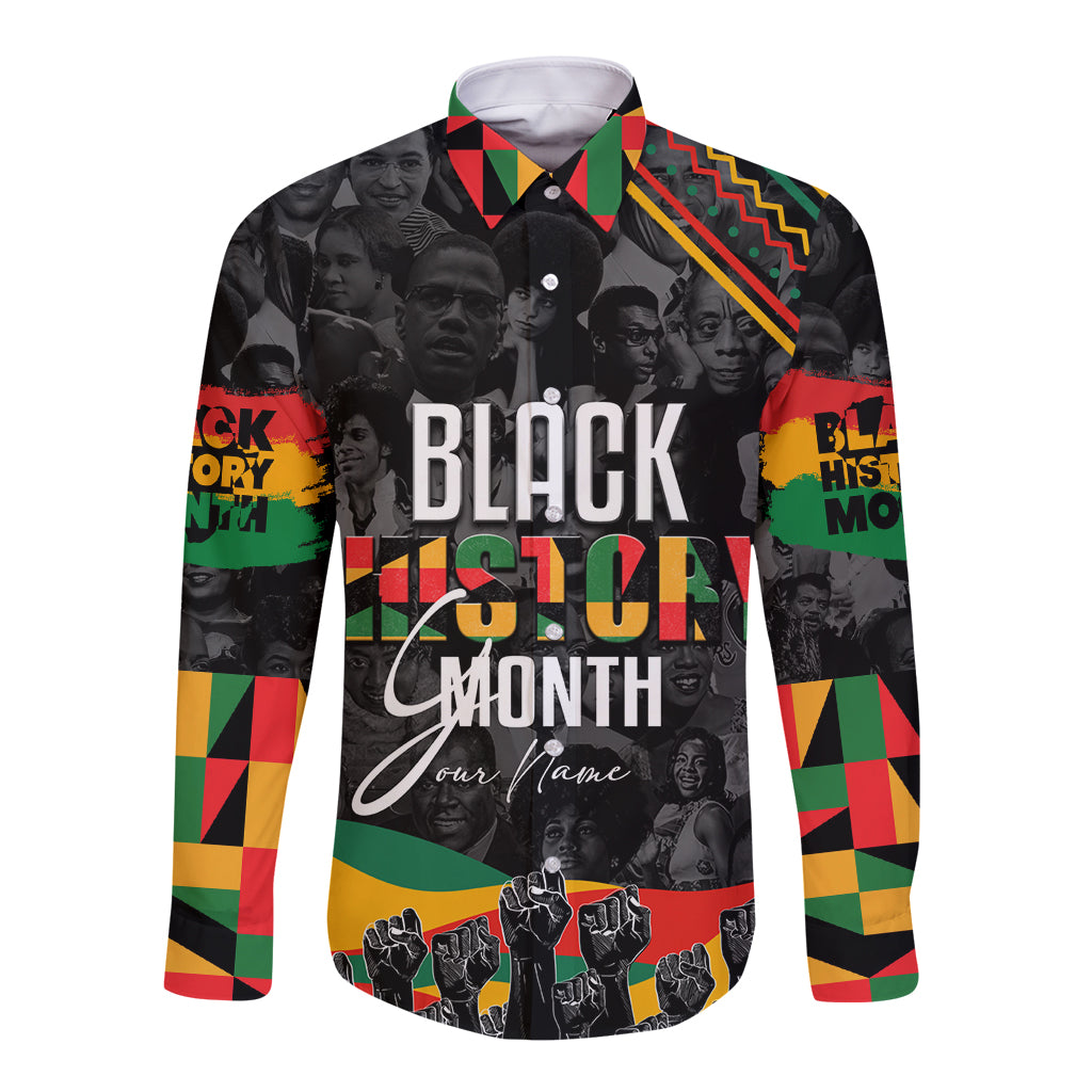 Black long-sleeve button shirt with front 'BLACK HISTORY MONTH' and 'Our Name' graphic