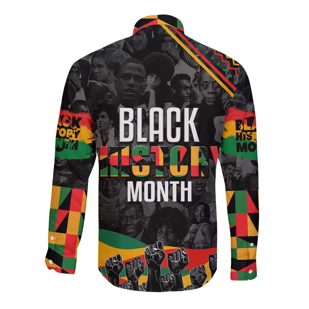Black long-sleeve button shirt with front 'BLACK HISTORY MONTH' graphic and checkered sleeves