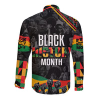 Black long-sleeve button shirt with front 'BLACK HISTORY MONTH' graphic and checkered sleeves