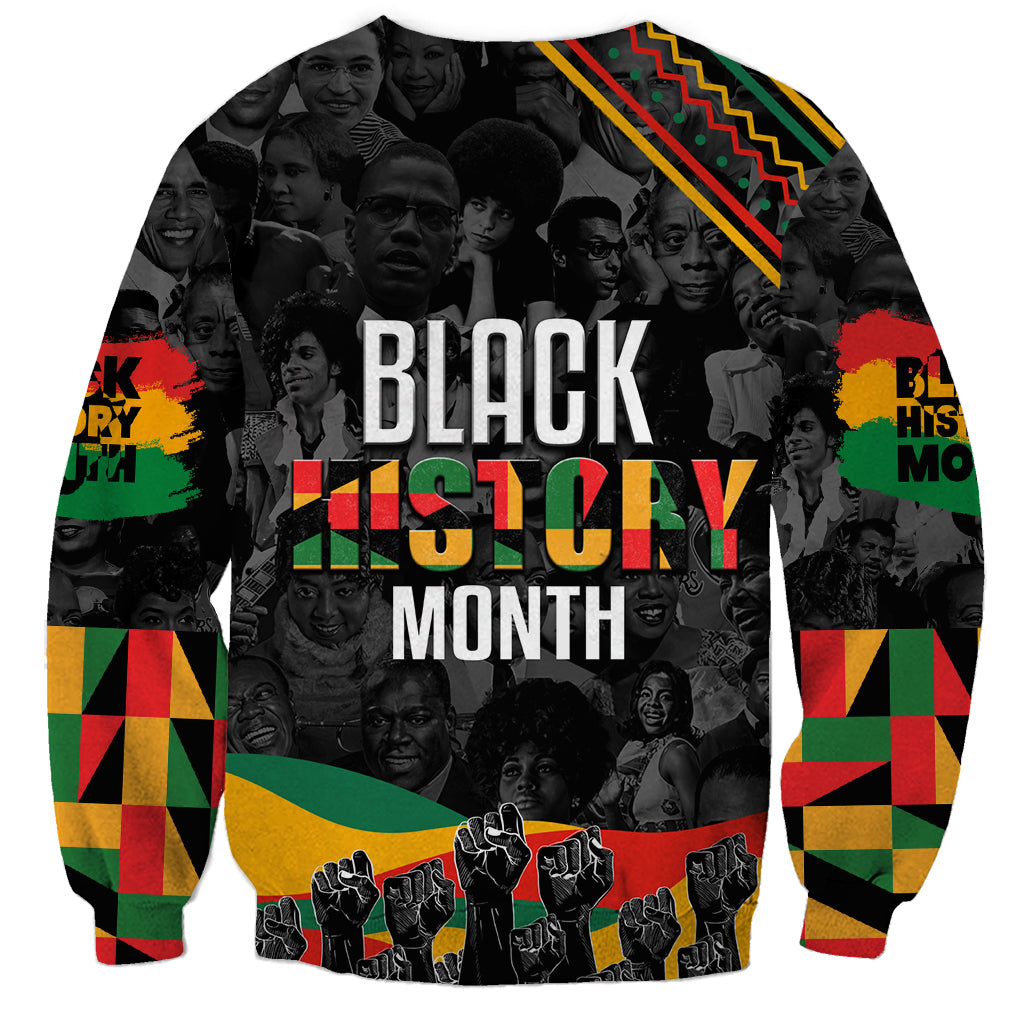 Black unisex sweatshirt with large 'BLACK HISTORY MONTH' lettering and multicolor stripe sleeves