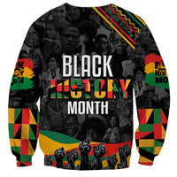 Black unisex sweatshirt with large 'BLACK HISTORY MONTH' lettering and multicolor stripe sleeves