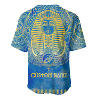 Blue baseball jersey, back shows pharaoh design and custom names text