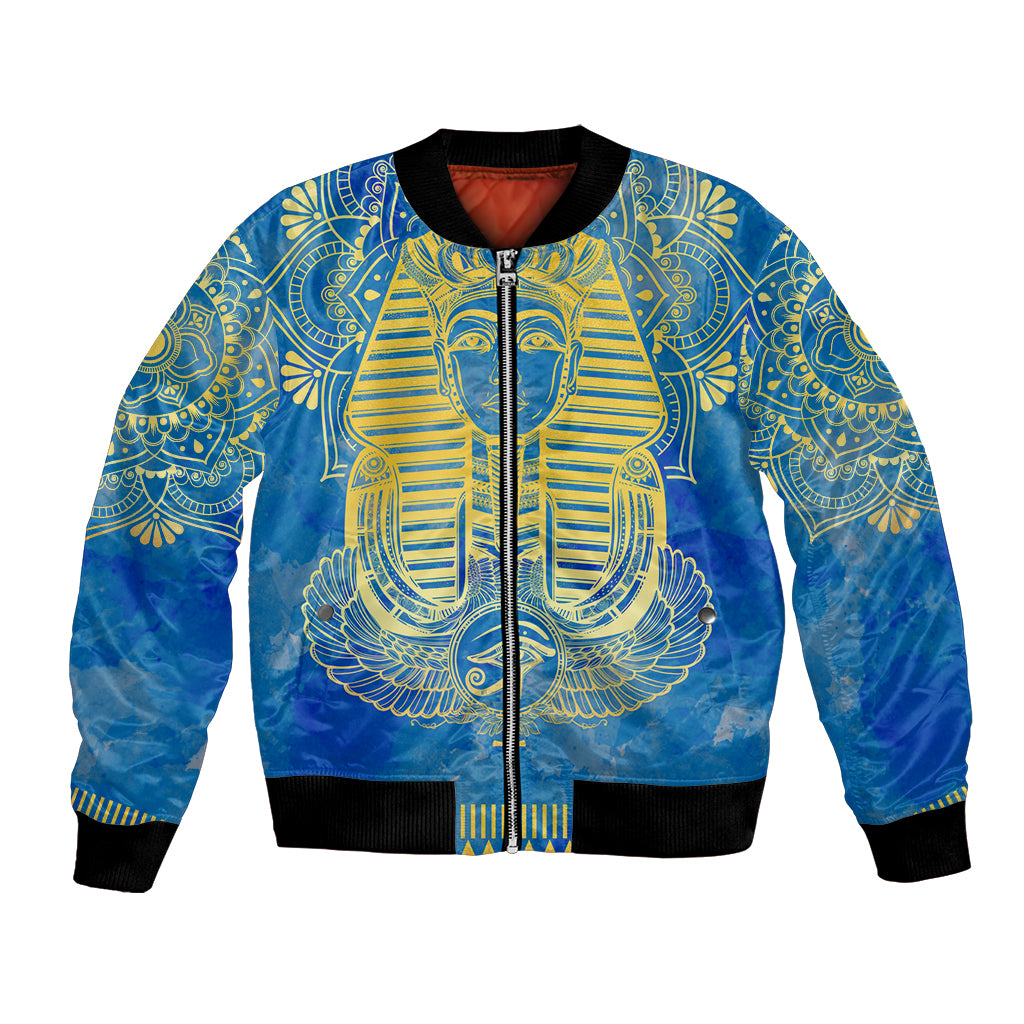 Blue bomber jacket with gold Eye of Horus and Egyptian pharaoh graphic, front zipper