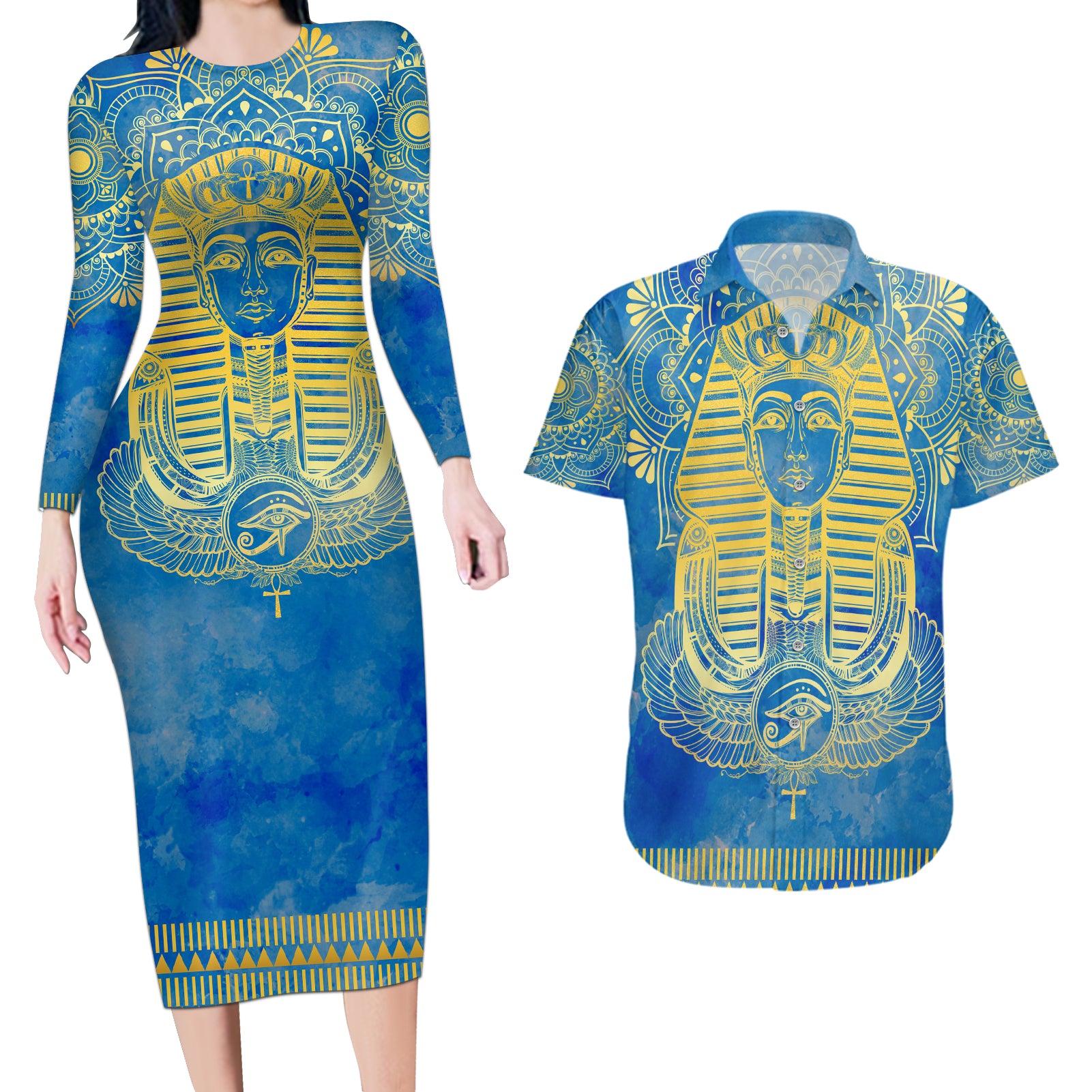 Personalized Mandala Egyptian Pharaoh Couples Matching Long Sleeve Bodycon Dress and Hawaiian Shirt Eye of Horus Blue - Wonder Print Shop