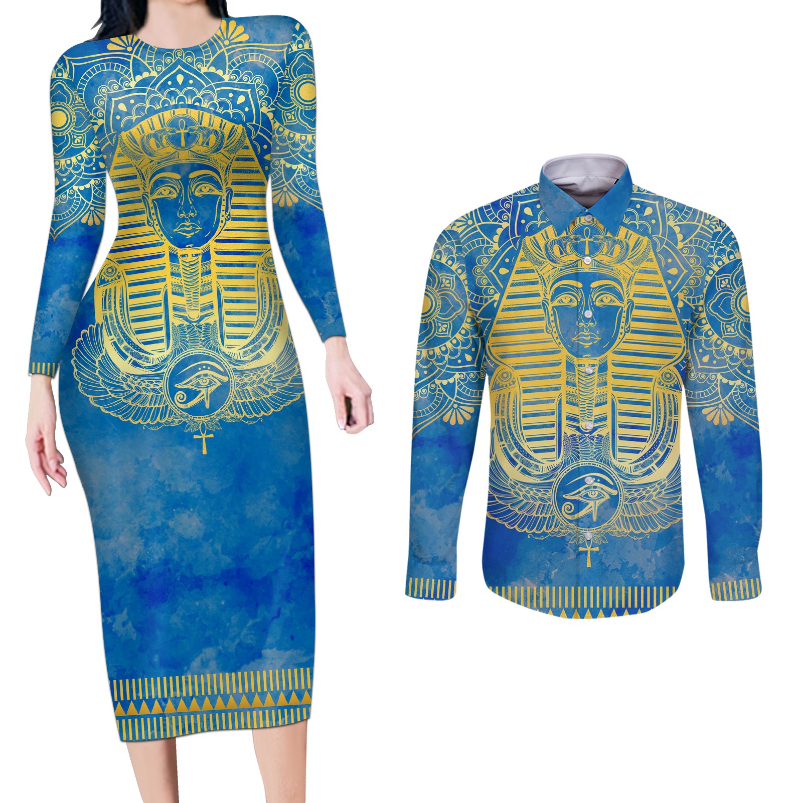 Personalized Mandala Egyptian Pharaoh Couples Matching Long Sleeve Bodycon Dress and Long Sleeve Button Shirt Eye of Horus Blue - Wonder Print Shop