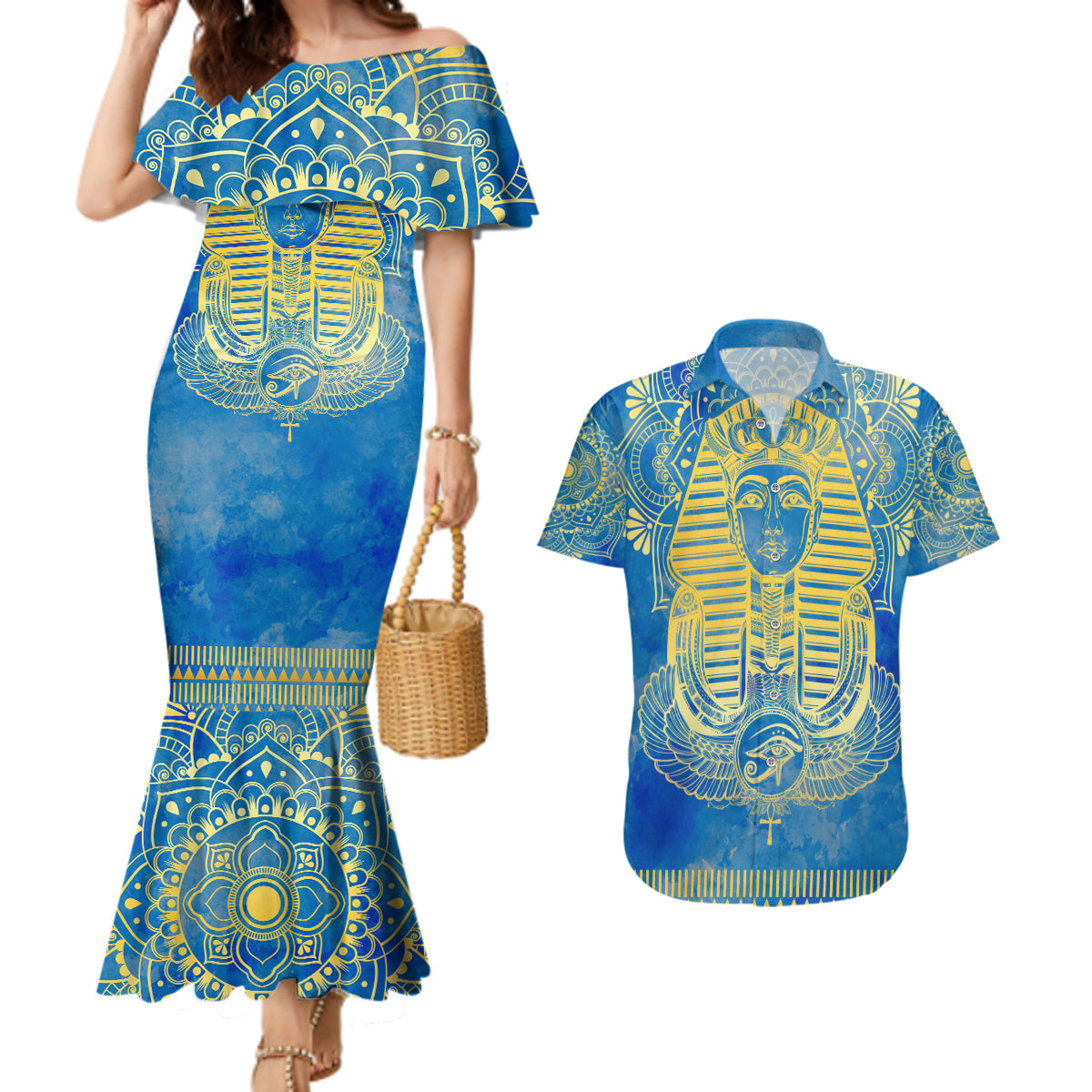 Personalized Mandala Egyptian Pharaoh Couples Matching Mermaid Dress and Hawaiian Shirt Eye of Horus Blue - Wonder Print Shop