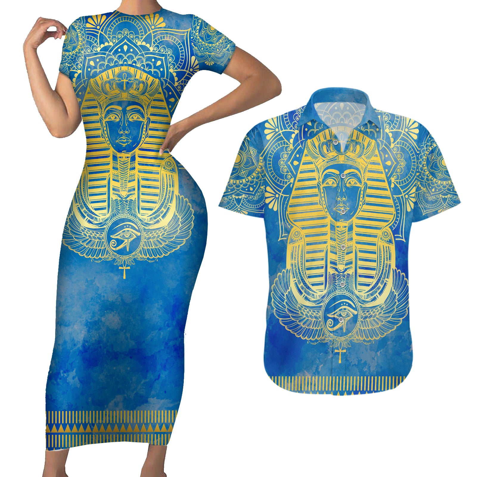 Personalized Mandala Egyptian Pharaoh Couples Matching Short Sleeve Bodycon Dress and Hawaiian Shirt Eye of Horus Blue - Wonder Print Shop