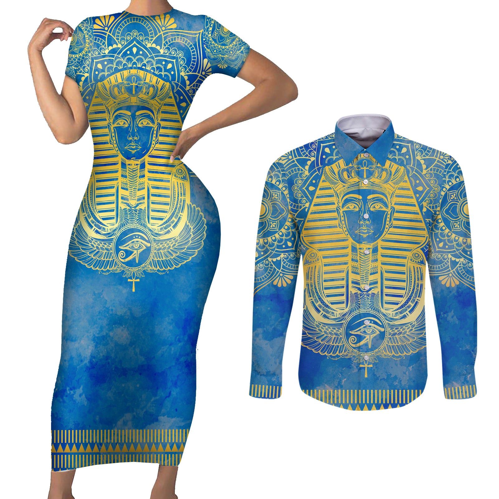 Personalized Mandala Egyptian Pharaoh Couples Matching Short Sleeve Bodycon Dress and Long Sleeve Button Shirt Eye of Horus Blue - Wonder Print Shop