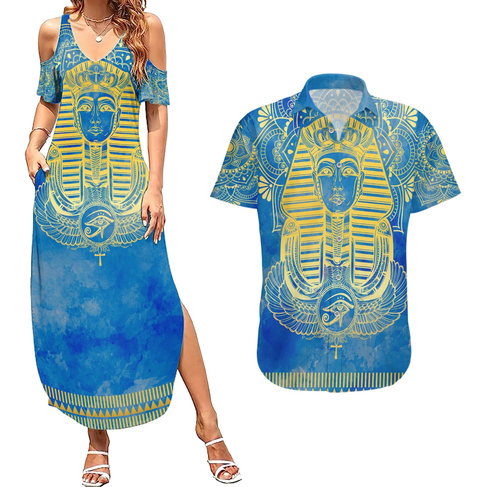 Personalized Mandala Egyptian Pharaoh Couples Matching Summer Maxi Dress and Hawaiian Shirt Eye of Horus Blue - Wonder Print Shop