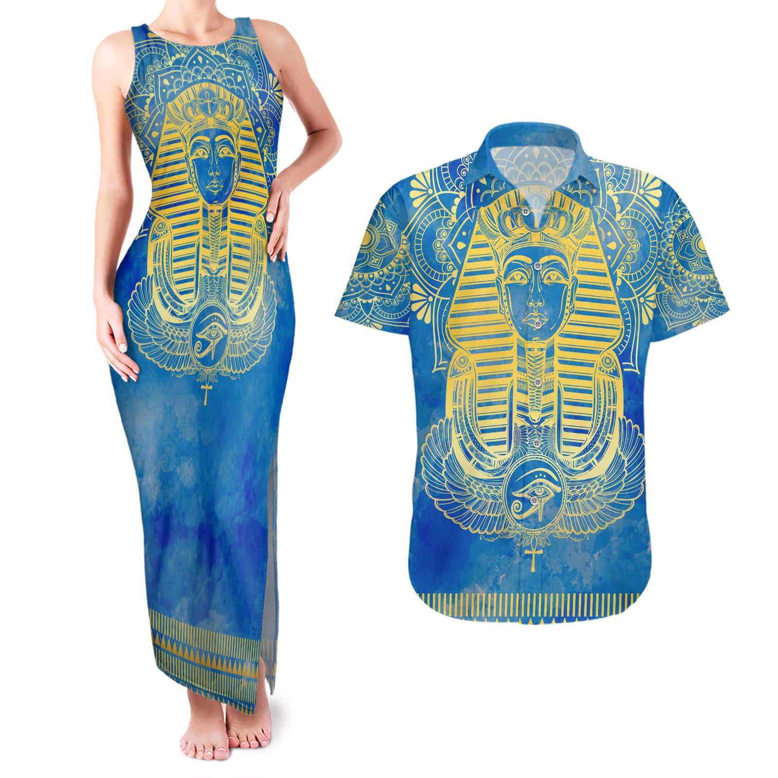 Personalized Mandala Egyptian Pharaoh Couples Matching Tank Maxi Dress and Hawaiian Shirt Eye of Horus Blue - Wonder Print Shop