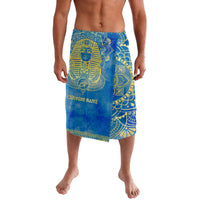 Blue lavalava wrap skirt with gold pharaoh and Eye of Horus mandala print