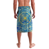 Blue lavalava wrap skirt with large circular Eye of Horus-style mandala front
