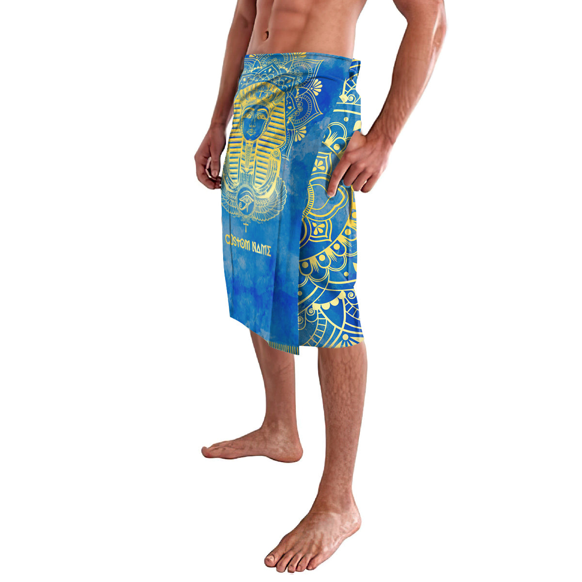 Blue lavalava wrap skirt with sideways pharaoh motif and gold mandala border