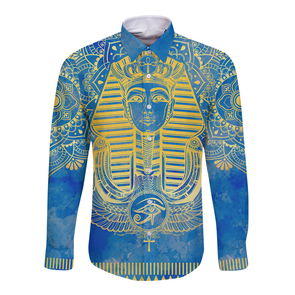 Personalized Mandala Egyptian Pharaoh Long Sleeve Button Shirt Eye of Horus Blue - Wonder Print Shop