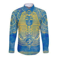 Blue long-sleeve button shirt with gold Egyptian pharaoh and eye graphic front