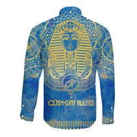 Blue long-sleeve button shirt with gold pharaoh graphic and Custom Namz text back