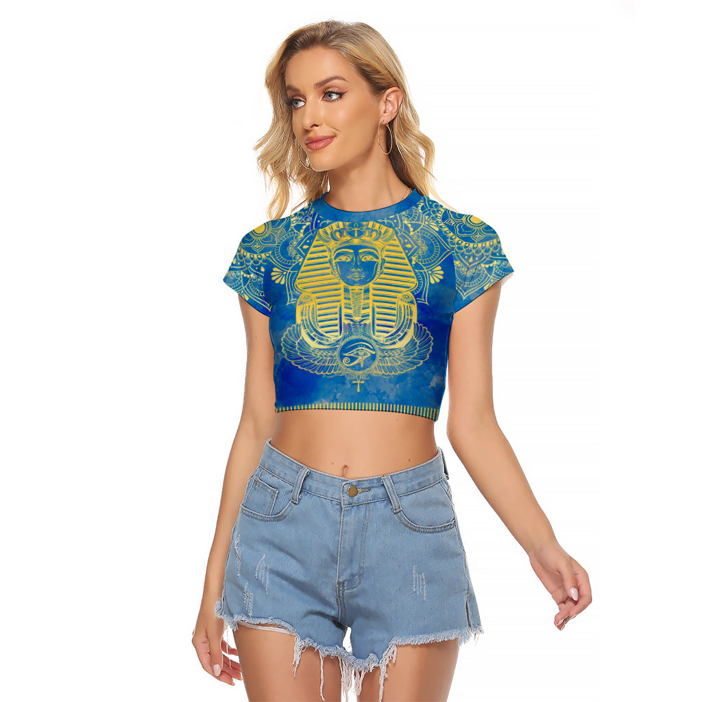 Personalized Mandala Egyptian Pharaoh Raglan Cropped T Shirt Eye of Horus Blue