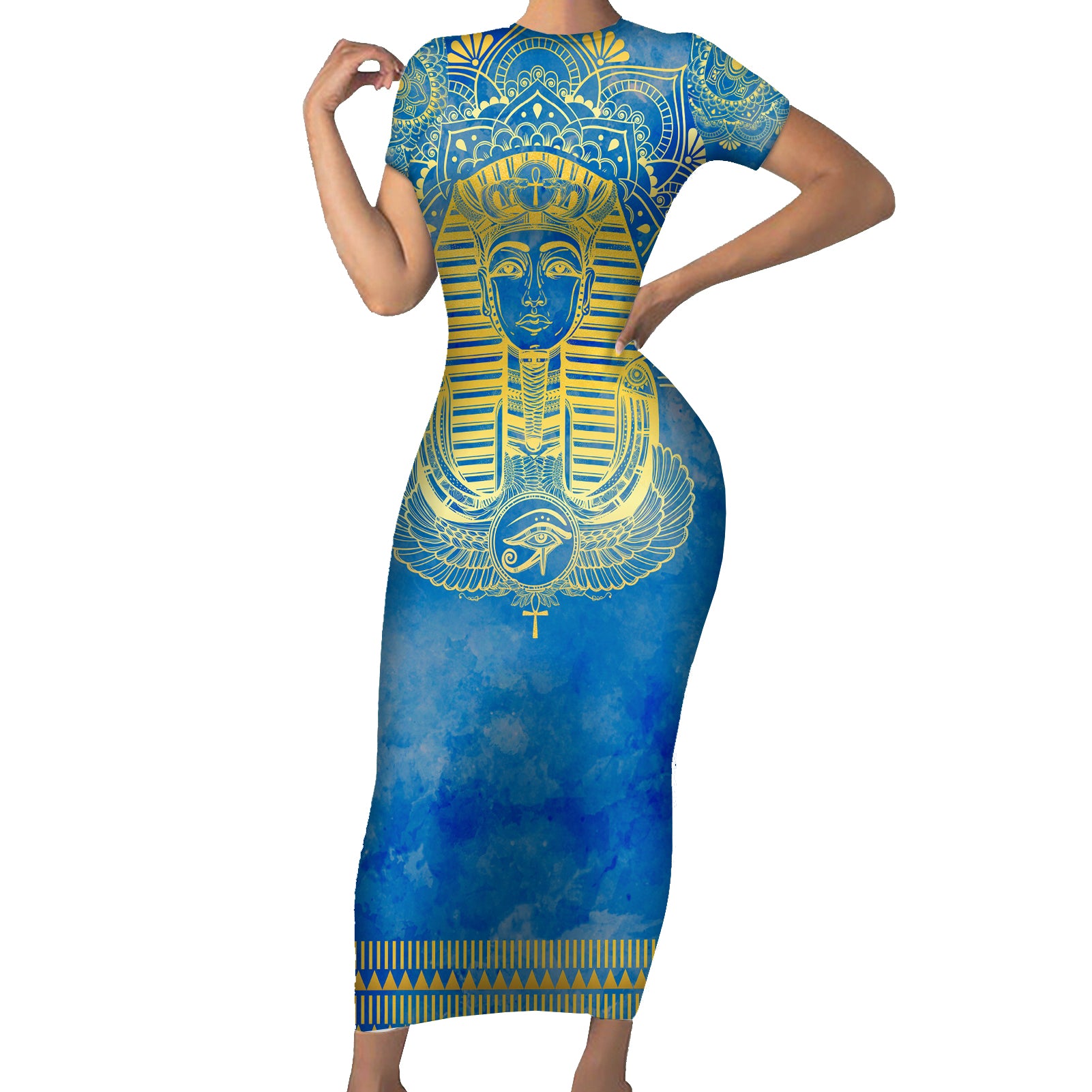 Personalized Mandala Egyptian Pharaoh Short Sleeve Bodycon Dress Eye of Horus Blue