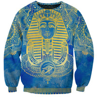 Unisex blue sweatshirt with gold-toned Egyptian pharaoh and winged Eye design