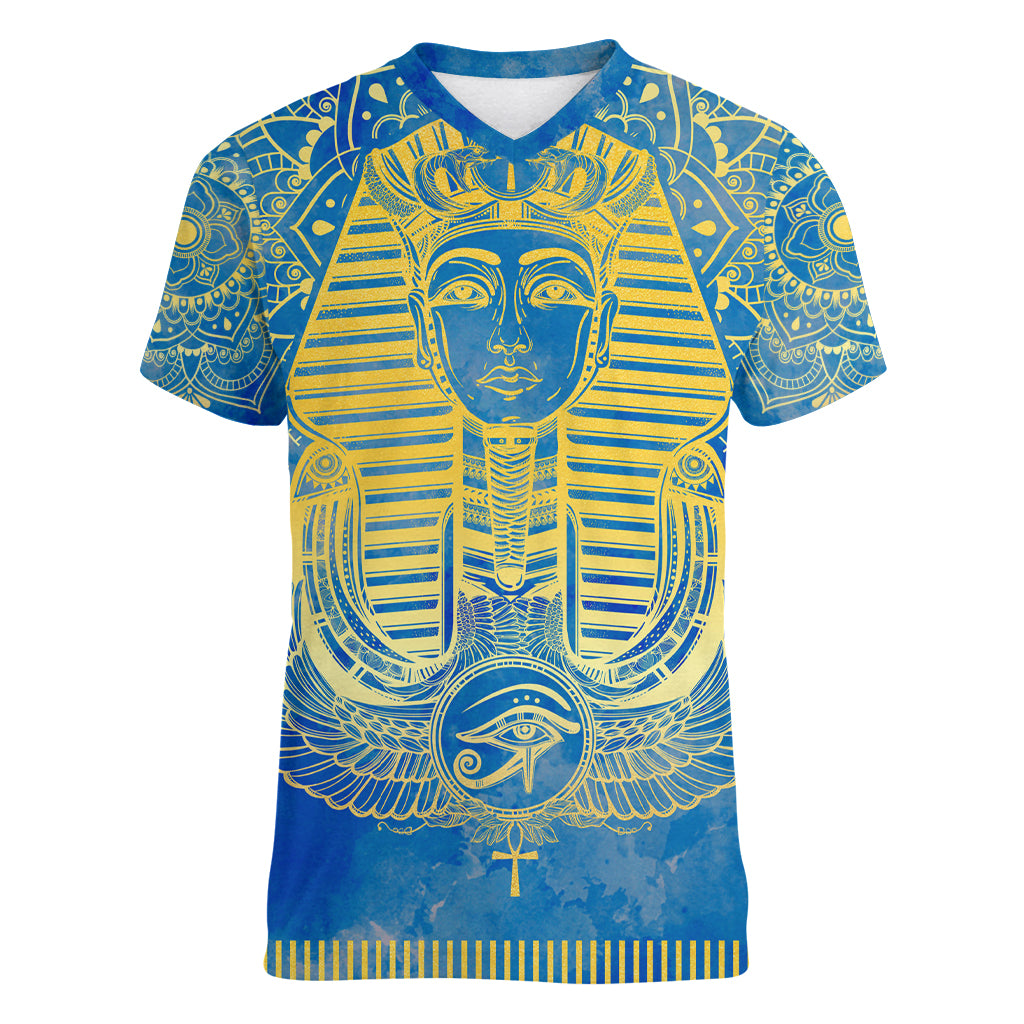 Personalized Mandala Egyptian Pharaoh Women V Neck T Shirt Eye of Horus Blue