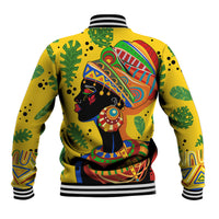 Yellow baseball jacket with colorful African woman art on back, striped ribbed hem and cuffs