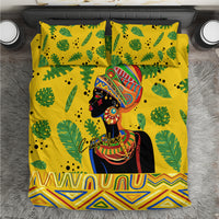 Yellow tropical bedding set with green leaf pattern and illustrated African woman design