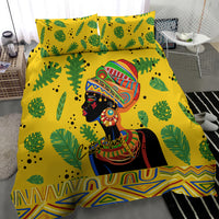 Yellow duvet cover bedding set with green tropical leaf print and African woman illustration