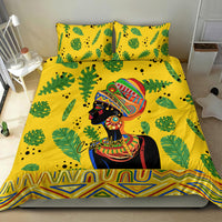Yellow bedding set with matching pillowcases, green leaf motifs, and African woman portrait