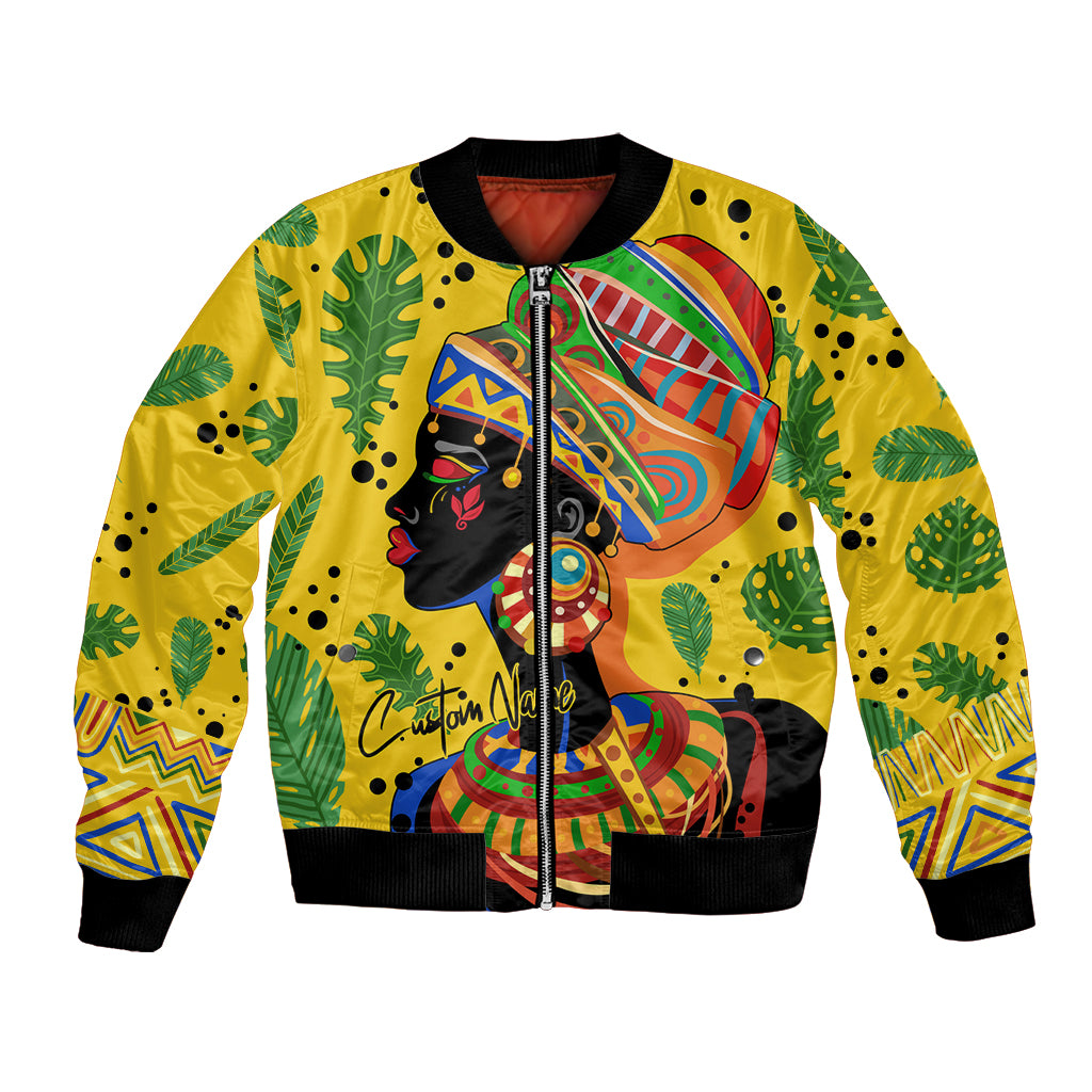 Yellow bomber jacket with colorful African woman graphic, front zip, ribbed cuffs and hem.