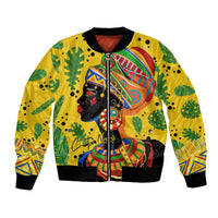 Yellow bomber jacket with colorful African woman graphic, front zip, ribbed cuffs and hem.