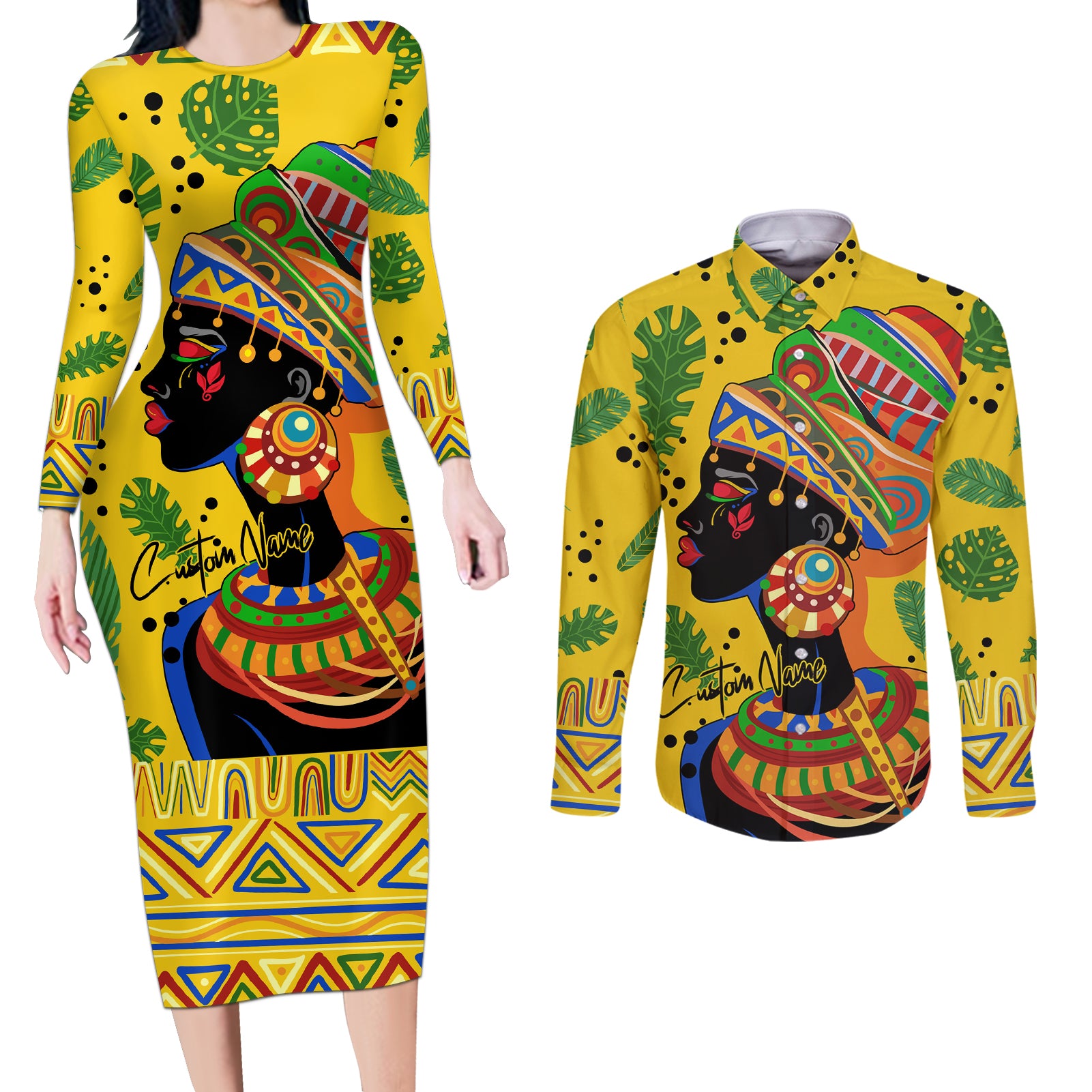 Personalized Africa Woman Couples Matching Long Sleeve Bodycon Dress and Long Sleeve Button Shirt Tropical Style - Wonder Print Shop