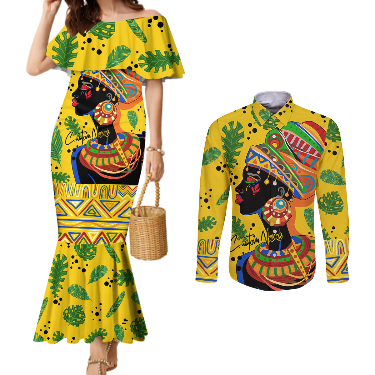 Personalized Africa Woman Couples Matching Mermaid Dress and Long Sleeve Button Shirt Tropical Style