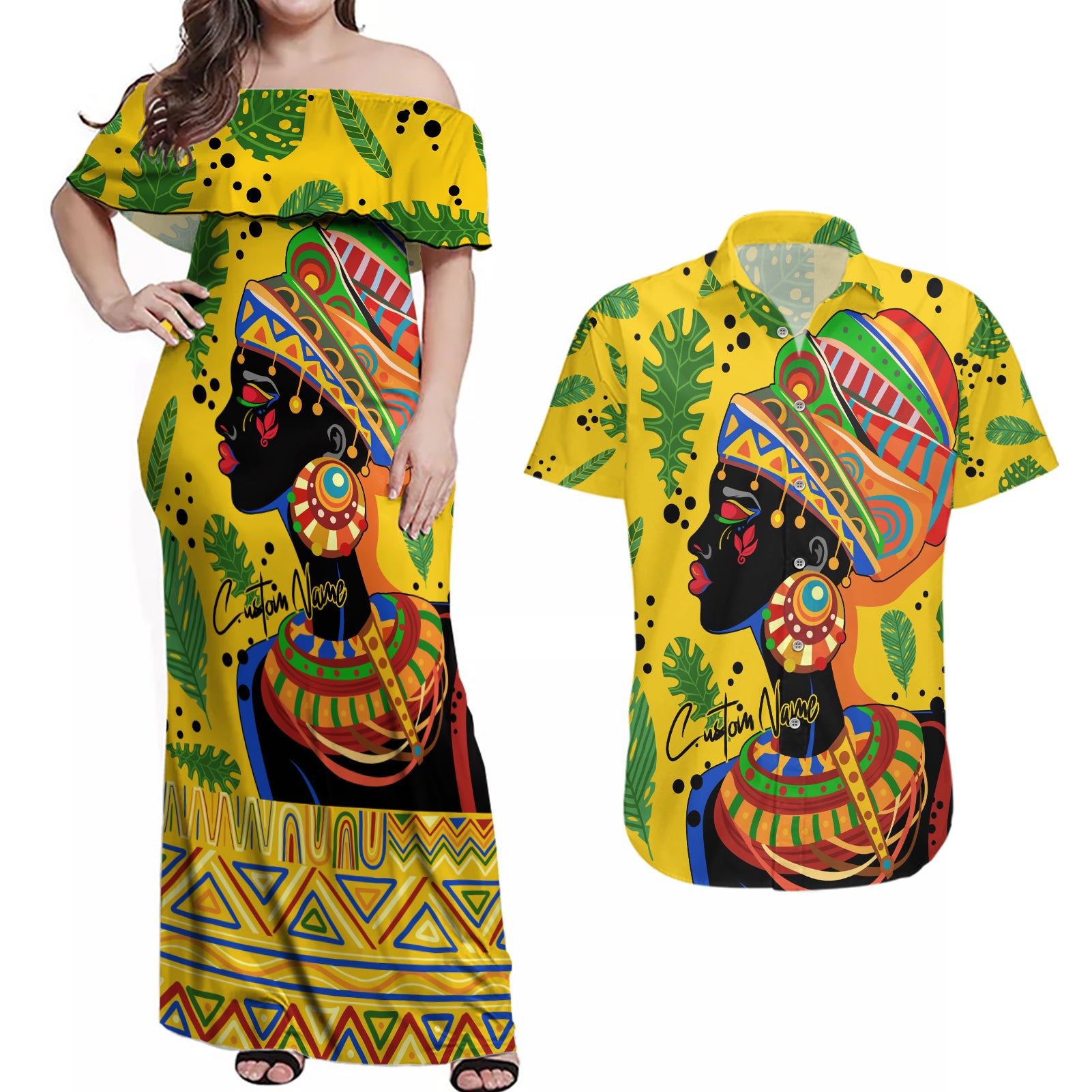 Personalized Africa Woman Couples Matching Off Shoulder Maxi Dress and Hawaiian Shirt Tropical Style - Wonder Print Shop