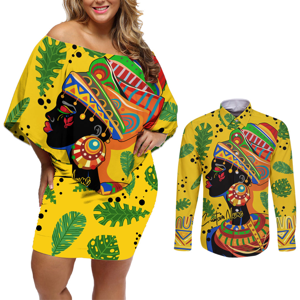 Personalized Africa Woman Couples Matching Off Shoulder Short Dress and Long Sleeve Button Shirt Tropical Style - Wonder Print Shop