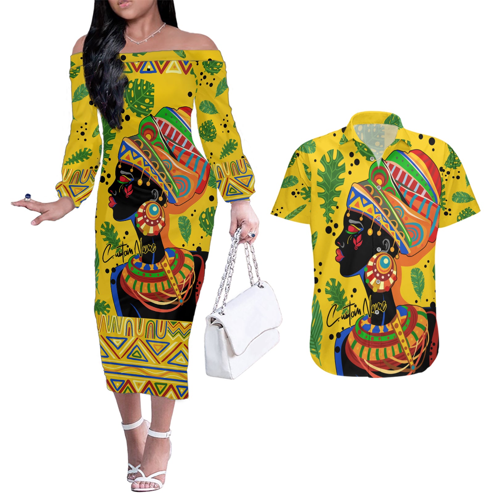 Personalized Africa Woman Couples Matching Off The Shoulder Long Sleeve Dress and Hawaiian Shirt Tropical Style - Wonder Print Shop