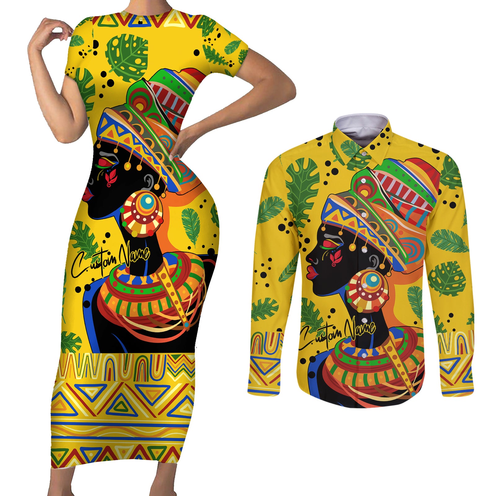 Personalized Africa Woman Couples Matching Short Sleeve Bodycon Dress and Long Sleeve Button Shirt Tropical Style - Wonder Print Shop