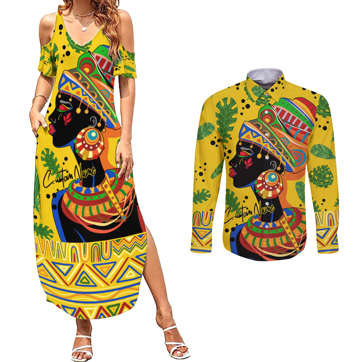 Personalized Africa Woman Couples Matching Summer Maxi Dress and Long Sleeve Button Shirt Tropical Style - Wonder Print Shop