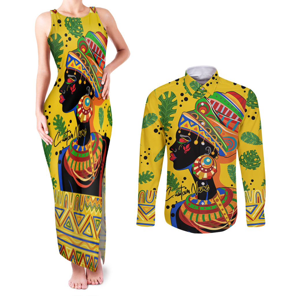 Personalized Africa Woman Couples Matching Tank Maxi Dress and Long Sleeve Button Shirt Tropical Style - Wonder Print Shop