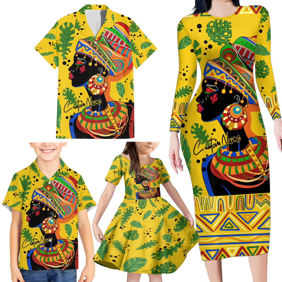 Personalized Africa Woman Family Matching Long Sleeve Bodycon Dress and Hawaiian Shirt Tropical Style - Wonder Print Shop