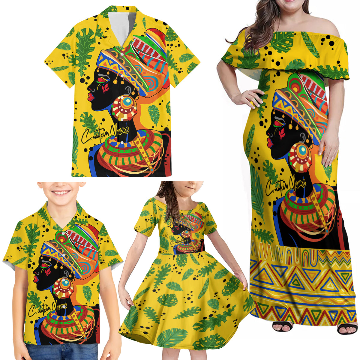 Personalized Africa Woman Family Matching Off Shoulder Maxi Dress and Hawaiian Shirt Tropical Style - Wonder Print Shop