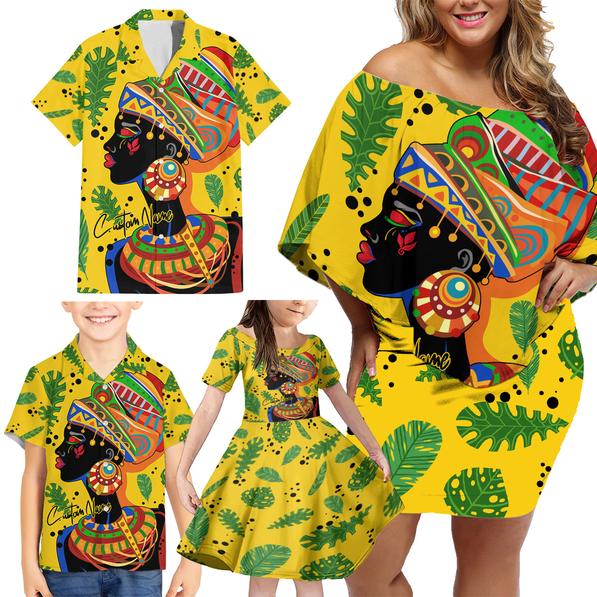 Personalized Africa Woman Family Matching Off Shoulder Short Dress and Hawaiian Shirt Tropical Style - Wonder Print Shop