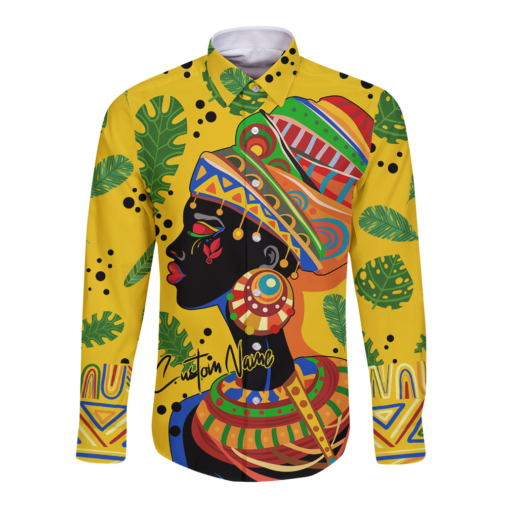Yellow long-sleeve button shirt with colorful African woman front graphic and tropical leaves