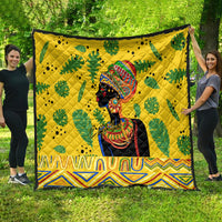 Yellow tropical throw quilt with green cactus print, woman figure center, zigzag trim.