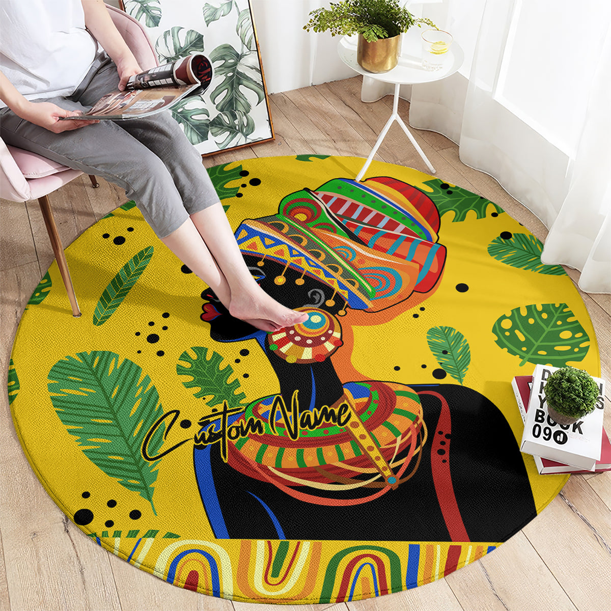 Round yellow area rug with African woman holding instrument, tropical leaves, and name